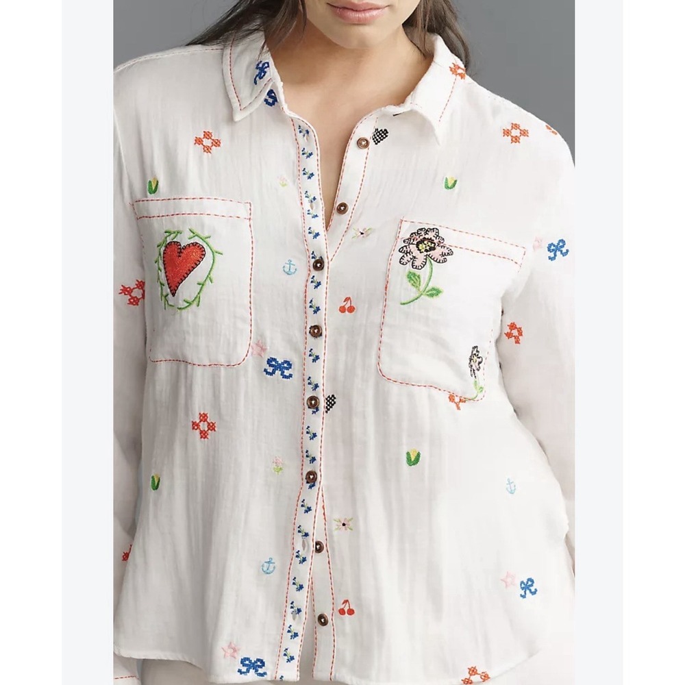 Pilcro Anthropologie Embroidered Icon Button Down Shirt Women Size XL Boho